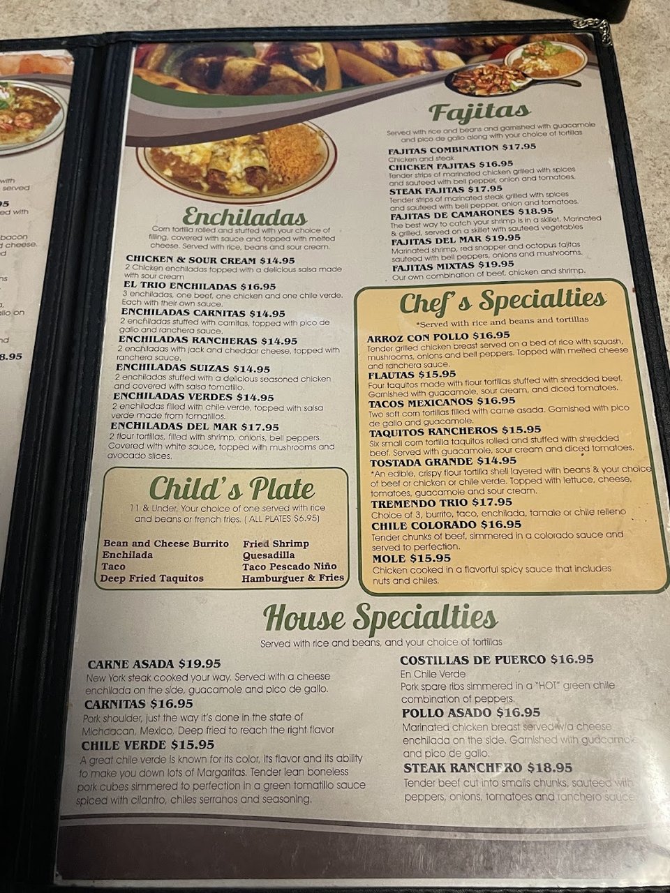 Menu layout featuring Mexican-style starters and plates.