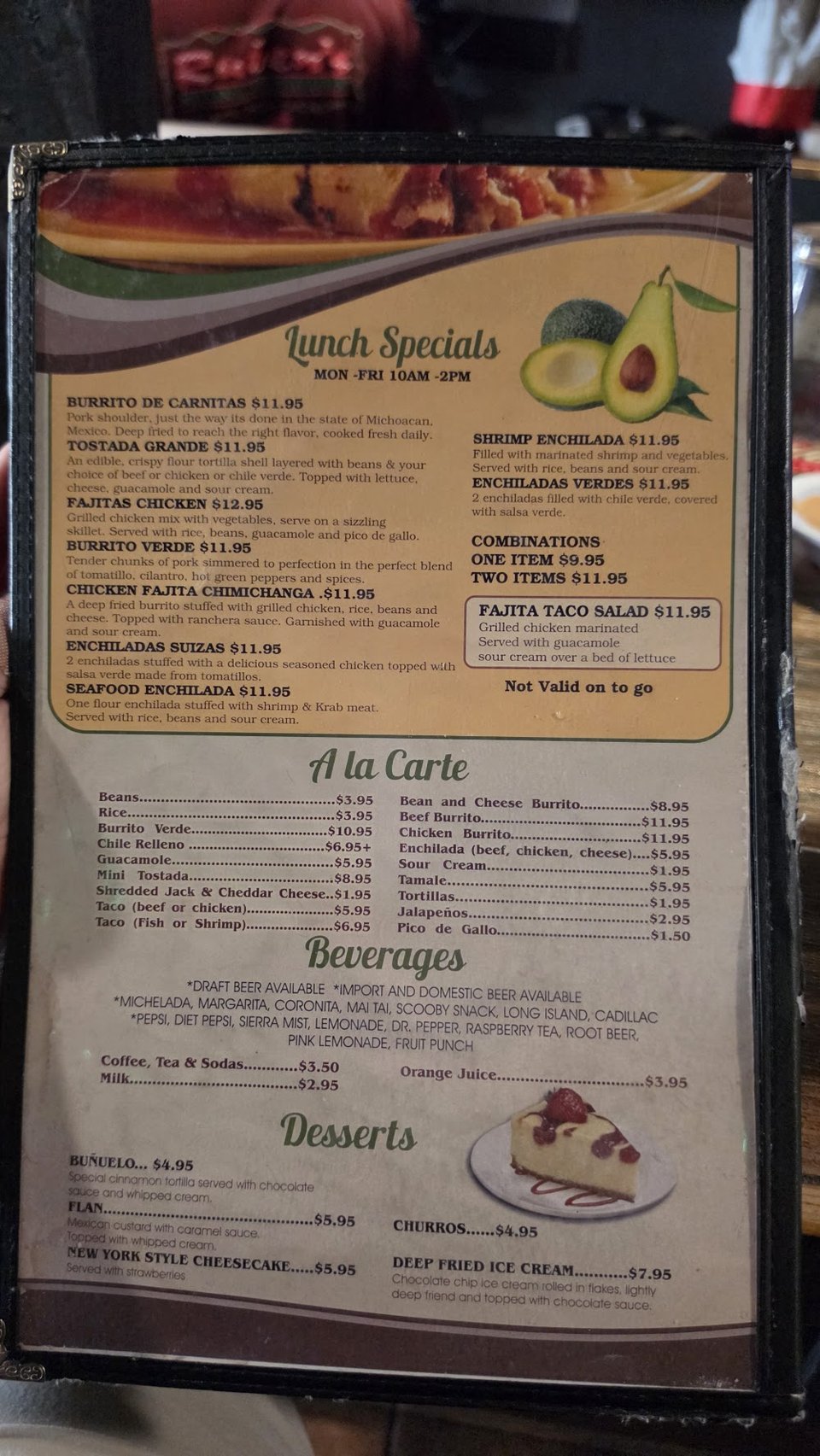 Menu page showing seafood and classic Mexican dishes.